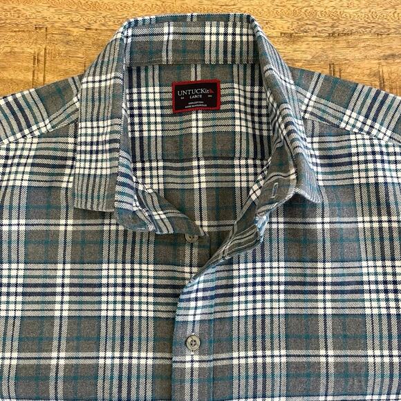 Untuckit Mens Flannel Button Shirt L Gray Plaid Quenterra Long Sleeve Cotton - Picture 4 of 11